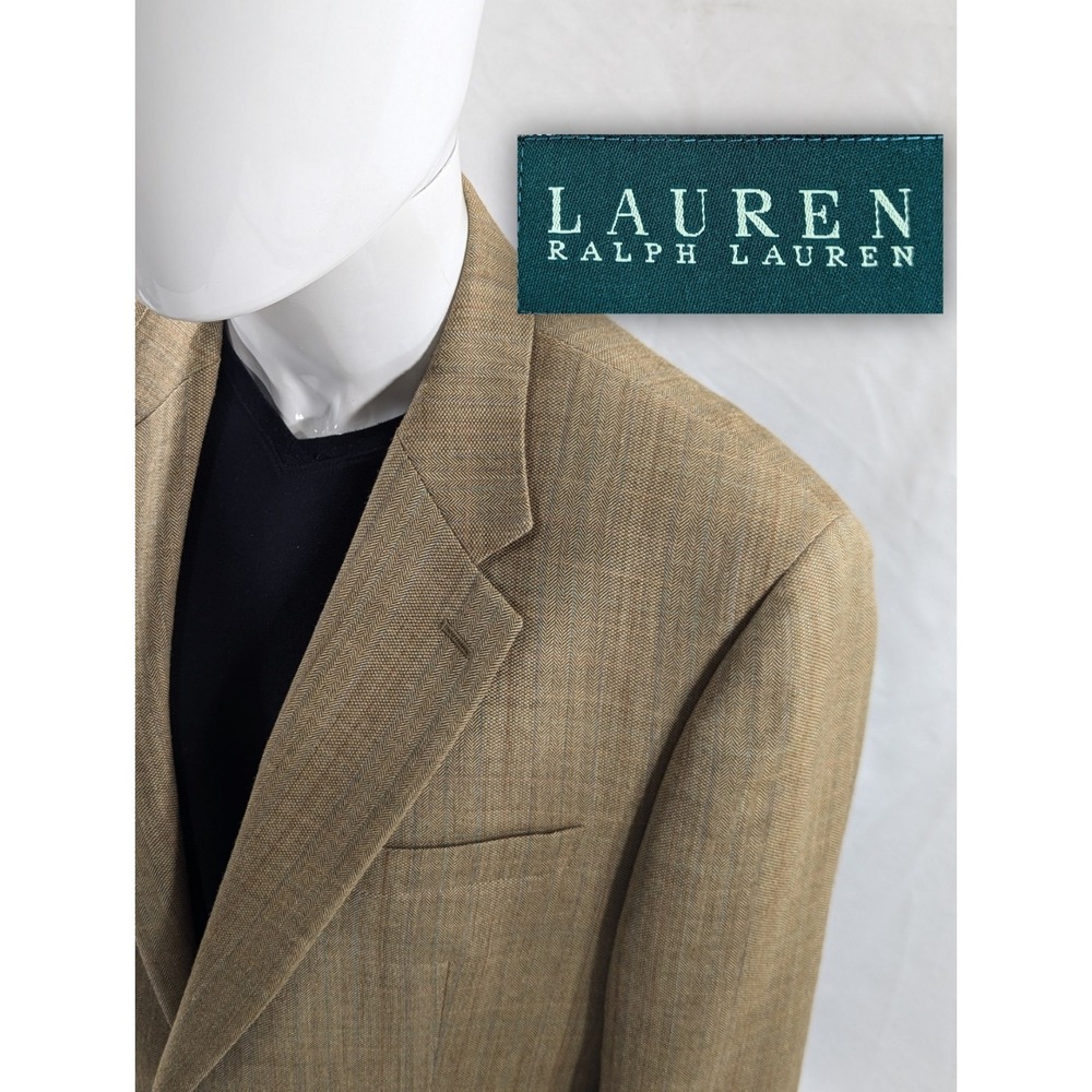 Ralph Lauren Blazer Sport Suit Jacket Silk Wool 46R Gold Beige Subtle Stripes